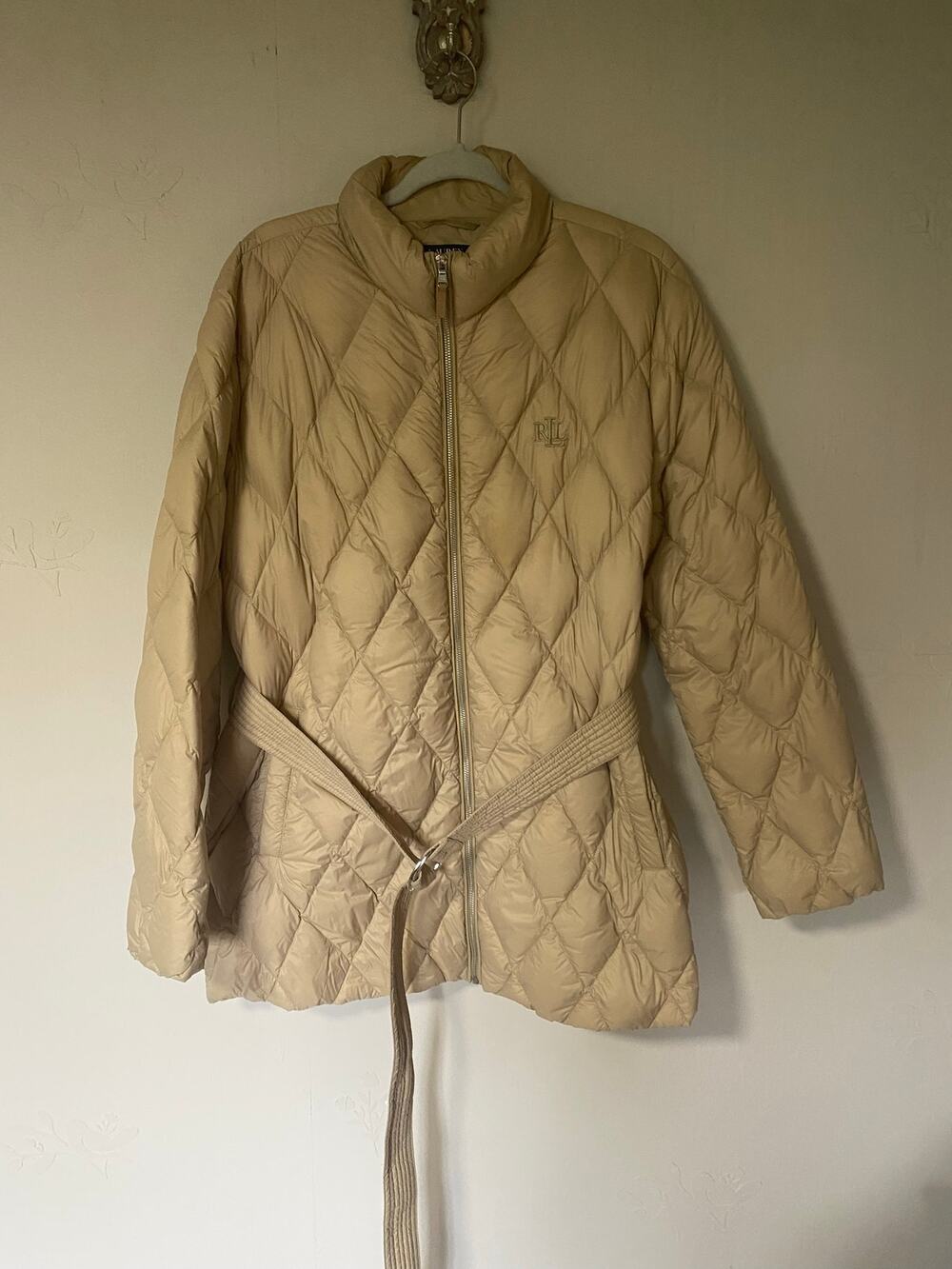 Lauren Ralph Lauren Beige Diamond Quilted Down Belted Puffer Jacket Coat XL